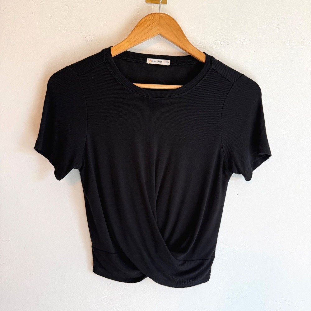 Marine Layer Lexi Rib Twist Front Top Black XS Cropped Baby Tee Minimalist Chic